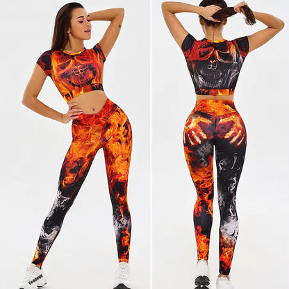 QK Fire Tracksuit Women Sports Tights Woman Suit Workout Seamless Skull Yoga Set Sportswear FITNESS T SHIRT Leggings Push Up