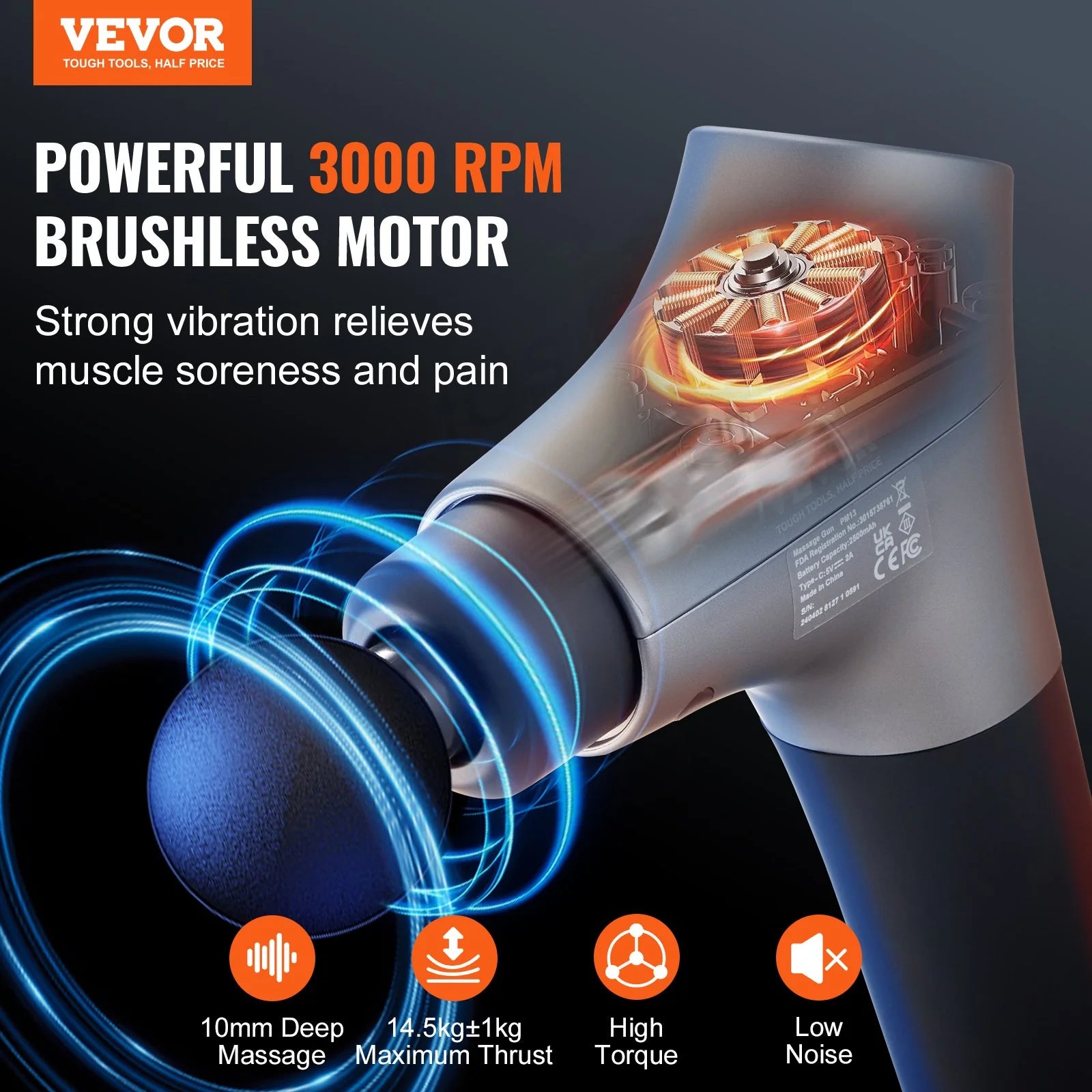 VEVOR Massage Gun Deep Tissue, Percussion Muscle Massager for Athletes - with 6 Speed Levels & 4 Massage Heads, 12V 2500Mah Batteries, Handheld Electric Massage Gun for Pain Relief, Muscle Relaxation