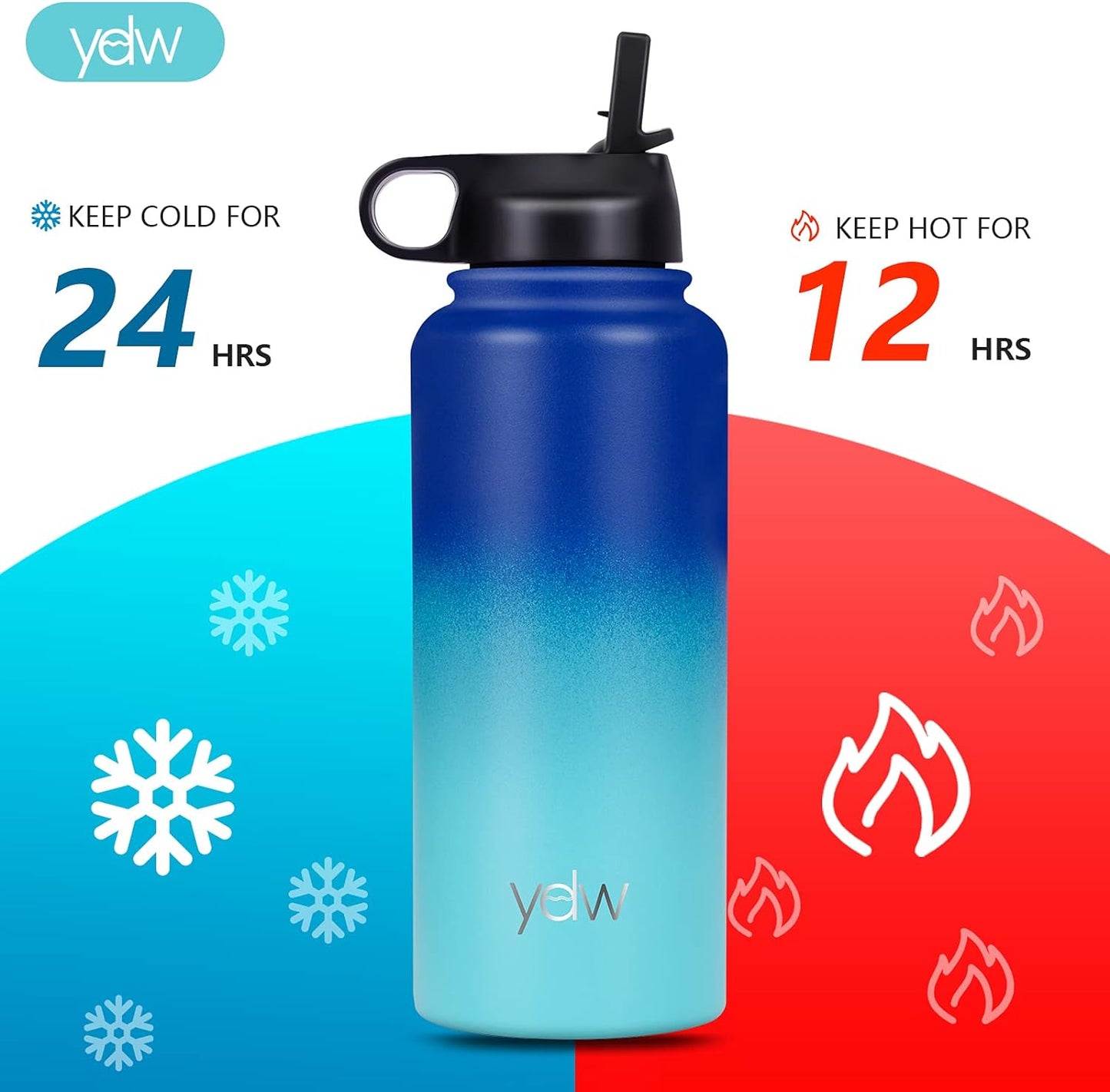 Stainless Steel Double Wall Water Bottle, Sweat-Proof Vacuum Insulated Bottle with Straw Lid (18Oz, 22Oz, 32Oz), BPA Free to Keep Beverages Cold for 24 Hrs or Hot for 12 Hrs